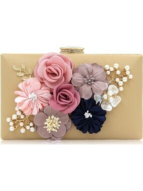 〽️ Women's Beige Faux Leather Floral Flower Clutch Purses Evening Bag